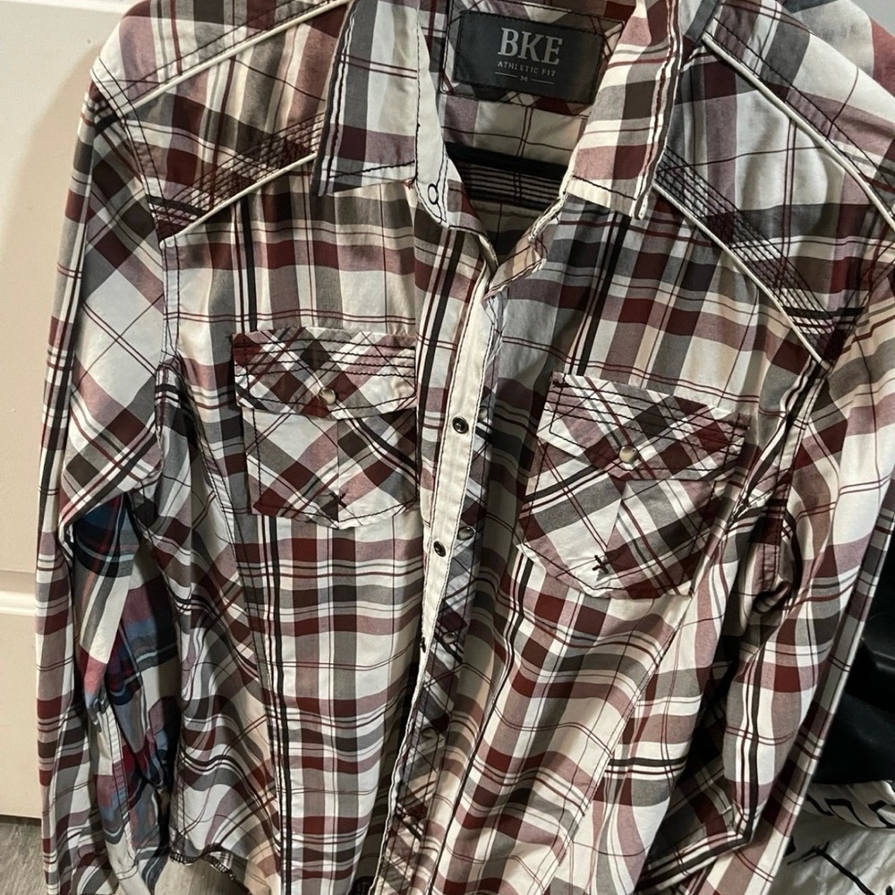 BKE Men's Plaid Shirt - Maroon White and Grey